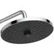 Duschkopf von Ideal Standard mit flacher, runder Oberfläche und gleichmäßig angeordneten Wasseröffnungen. An einem schwenkbaren, verchromten Haltegriff montiert.